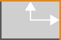 Graues Rechteck mit orangefarbenem Rand und zwei weißen Pfeilen, von denen einer nach oben und der andere nach rechts zeigt. Der rechte und obere Rand sind orangefarben.