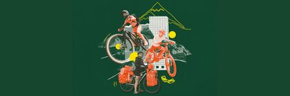 Ein grüner Banner mit einer Fotocollage, bestehend aus mehreren Personen auf unterschiedlichen Fahrradmodellen.