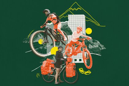 A green banner with a photo collage consisting of several people on different bicycle models in front of a drawn mountain.