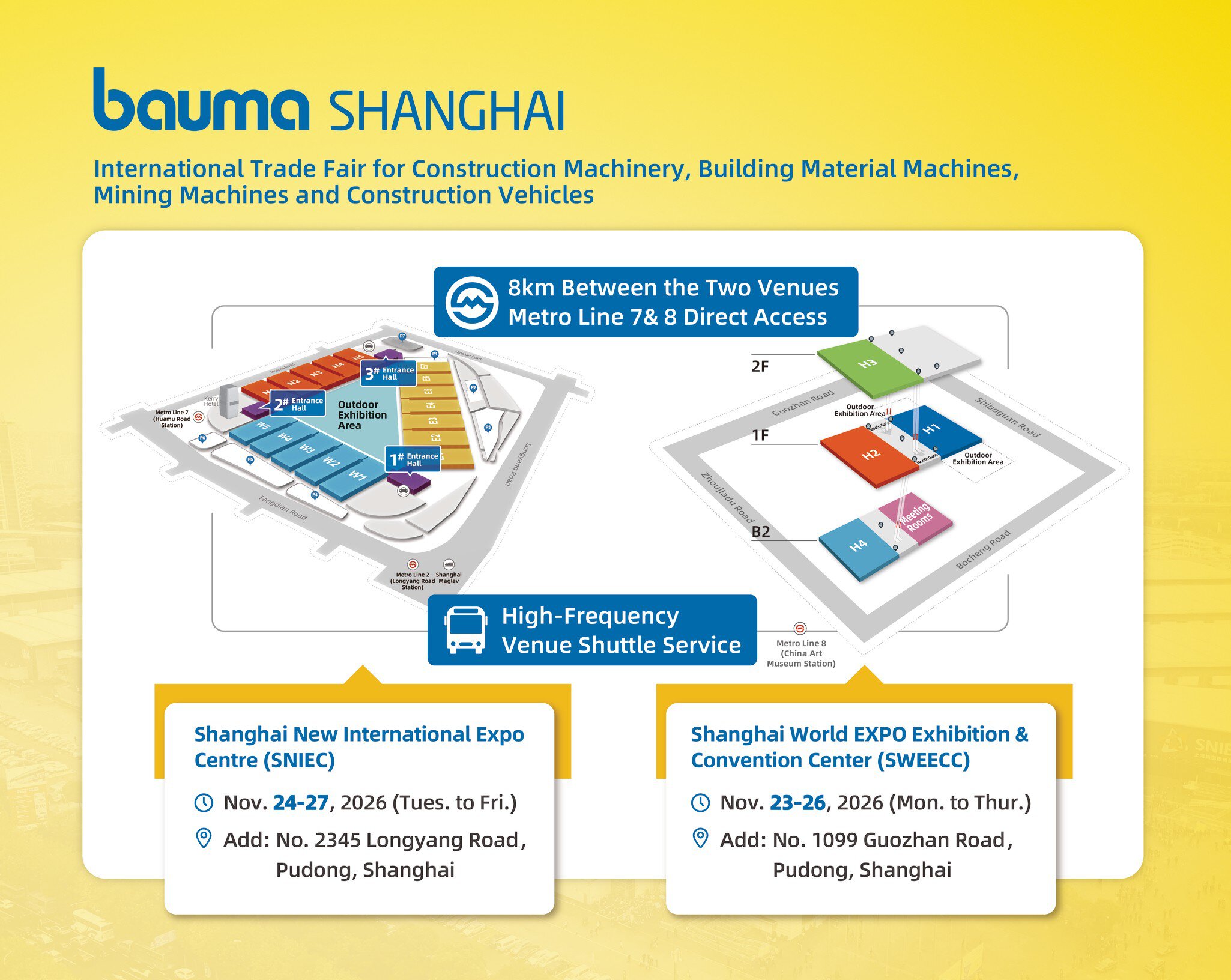 Map showing the venues for bauma Shanghai 2026, the shuttle service and event dates at the SNIEC and SWEECC venues.