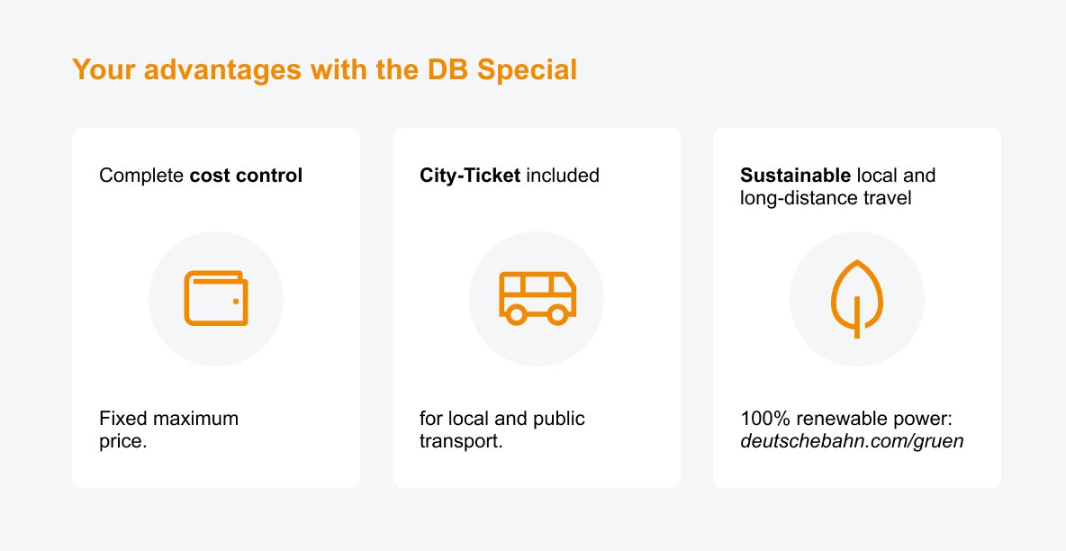 Infographic on the DB special services: Cost control, city ticket for local public transport and sustainable travel options.