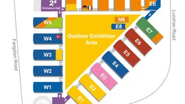 Map of the exhibition stands, with colour-coded sections for the various sectors and labelled entrances and access routes.