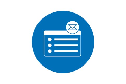 Email notification icon above a document on a blue circle background.