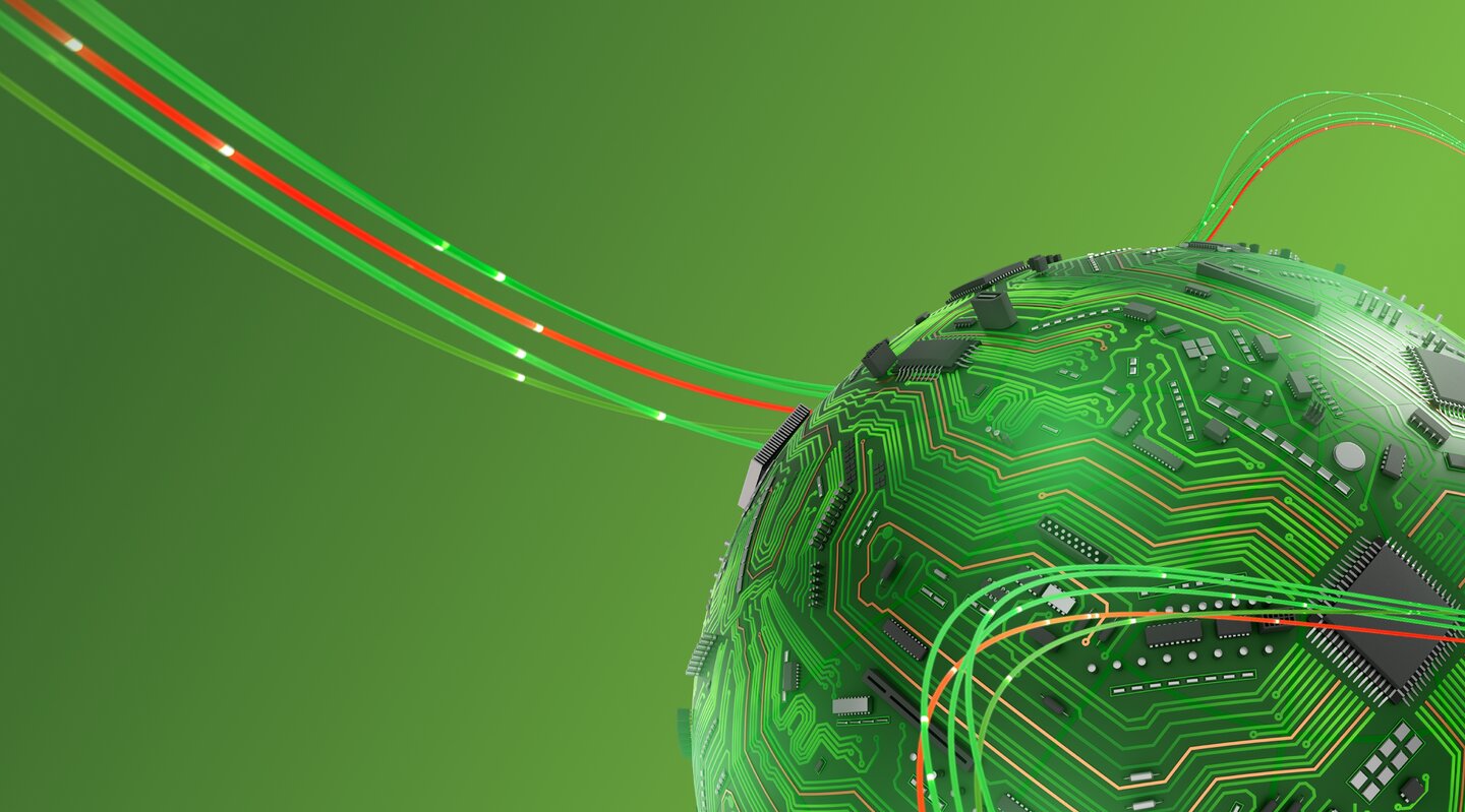 electronica 2026 key visual - globe with electronics on green background