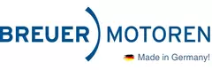 Dunkelblaues Logo von „Breuer Motoren“, dazwischen ein blauer Bogen. Darunter der Text „Made in Germany“ und eine kleine Deutschlandflagge.