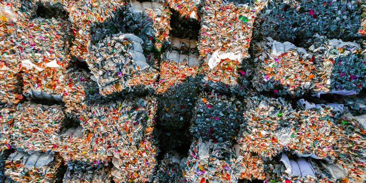 Recyclinganlage in BetriebGepresste Ballen aus sortiertem Kunststoffabfall in verschiedenen Farben, dicht gestapelt aus der Draufsicht.