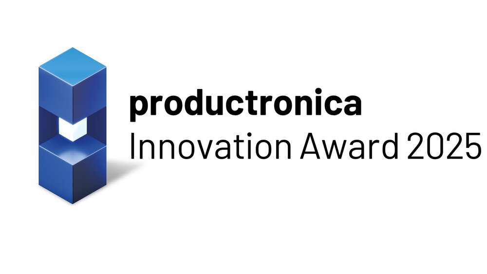 Black logo of the productronica Innovation Award 2025 with depiction of the blue elongated trophy, consisting of several cuboids.