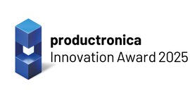 Black logo of the productronica Innovation Award 2025 with depiction of the blue elongated trophy, consisting of several cuboids.