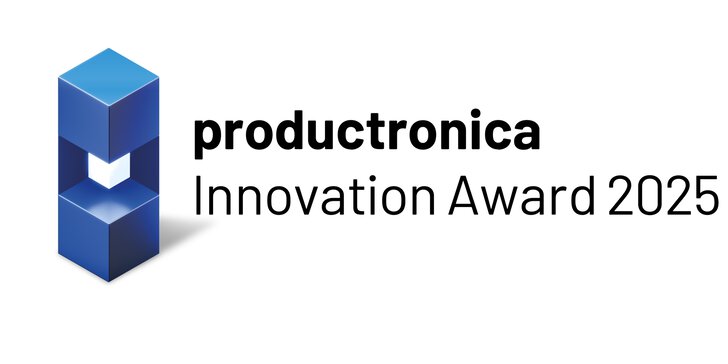 Black logo of the productronica Innovation Award 2025 with depiction of the blue elongated trophy, consisting of several cuboids.
