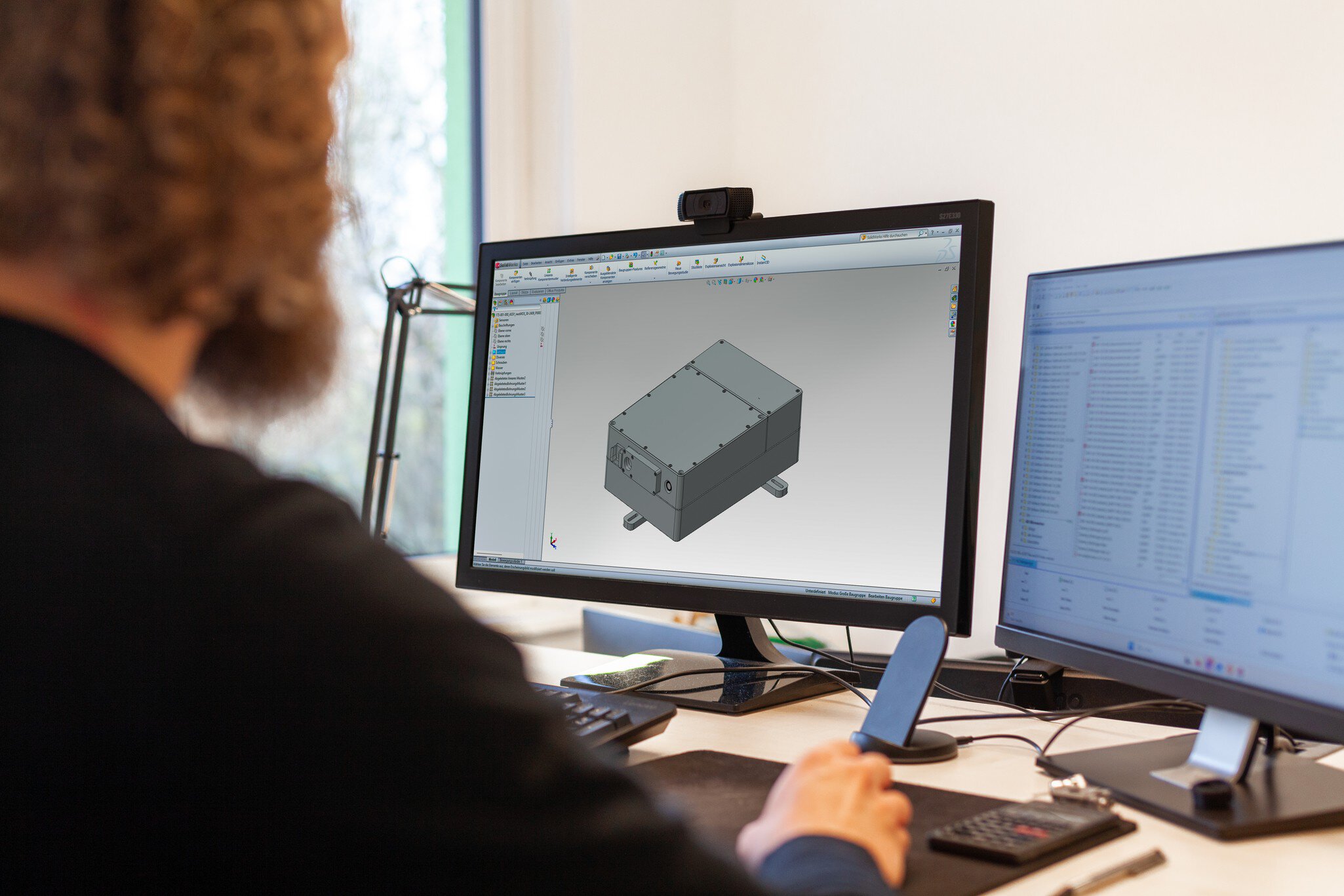 A man is sitting at a computer with two monitors, looking at a 3D rendering of a rectangular grey casing.