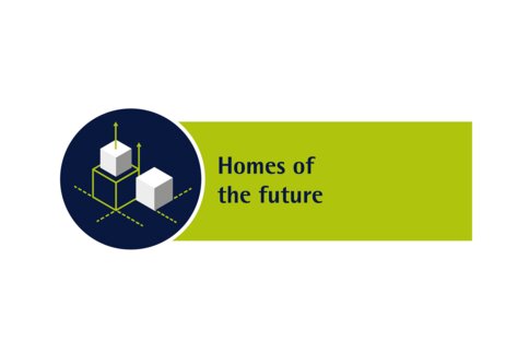 Homes of the future lettering in dark blue on green. To the left is a blue circle with two white cubes with green arrows indicating movement.