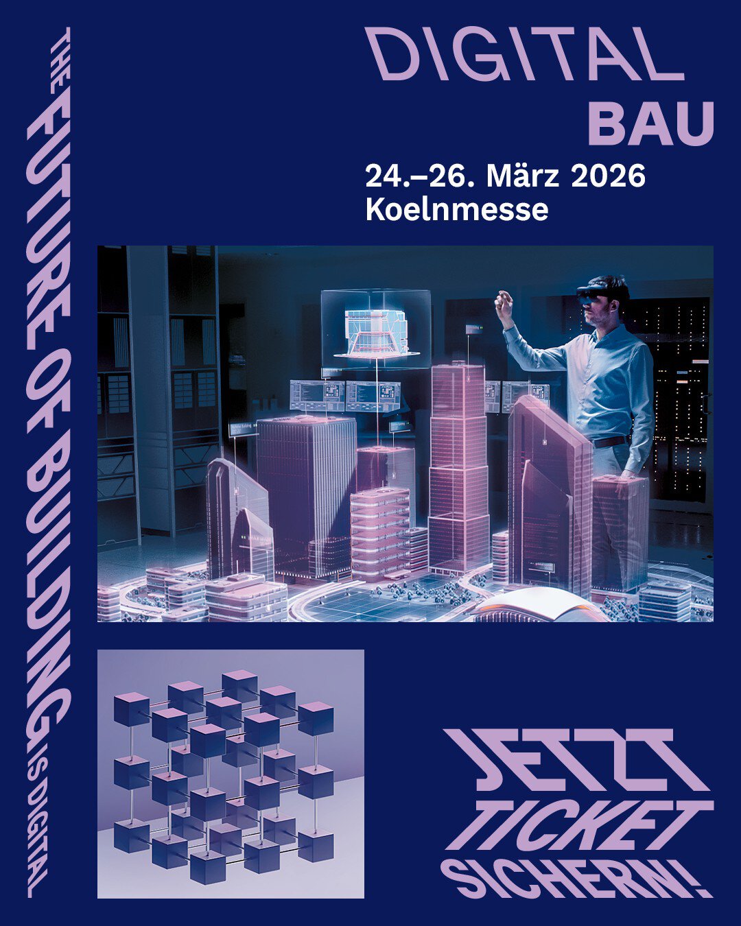 Person mit AR-Headset interagiert mit virtuellen Wolkenkratzern in einer futuristischen Stadtlandschaft und Schriftzug THE FUTURE OF BUILDING IS DIGITAL.