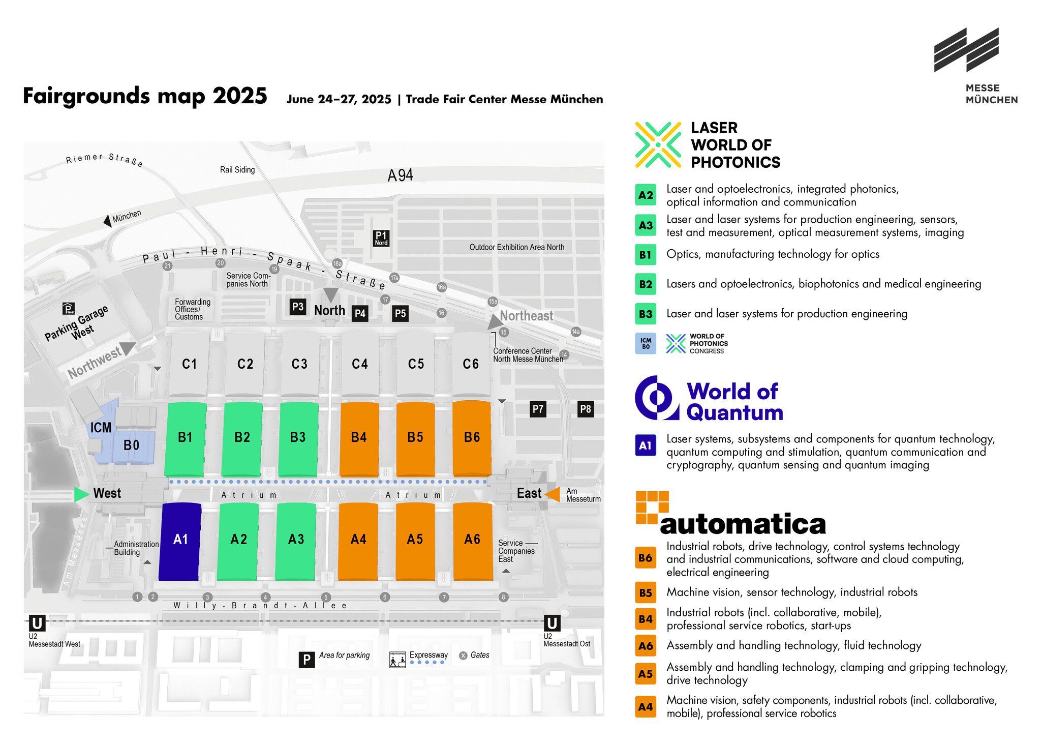 Map of the exhibition grounds of Messe München for 2025 with color-coded exhibition halls for Laser World of Photonics, World of Quantum and automatica.