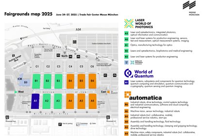 Map of the exhibition grounds of Messe München for 2025 with color-coded exhibition halls for Laser World of Photonics, World of Quantum and automatica.