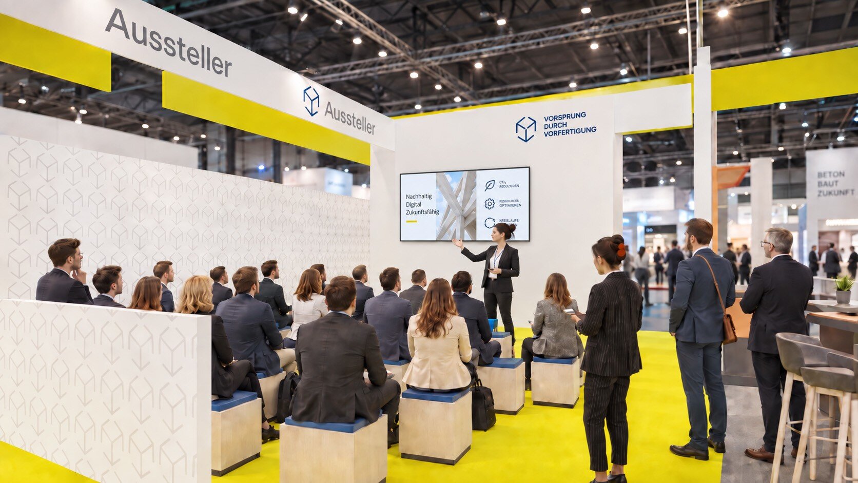 Precast Areana - eine Gruppe von Personen sitz auf einem Messestand und hört einem Vortrag zu