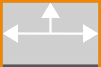 Grauer Hintergrund mit einem T-förmigen weißen Pfeil, der nach links, rechts und oben zeigt. Bis auf die untere Seite ist der Rand orangefarben.