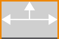 Grauer Hintergrund mit einem T-förmigen weißen Pfeil, der nach links, rechts und oben zeigt. Bis auf die untere Seite ist der Rand orangefarben.