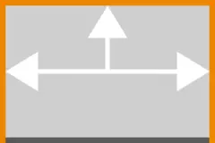 Grauer Hintergrund mit einem T-förmigen weißen Pfeil, der nach links, rechts und oben zeigt. Bis auf die untere Seite ist der Rand orangefarben.