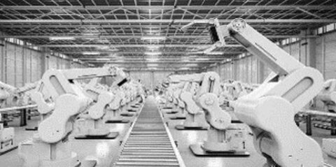 Rows of robot arms in a large industrial factory.
