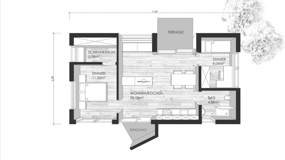 Grundriss Erdgeschoss Musterhaus ALMA Rubner Haus 