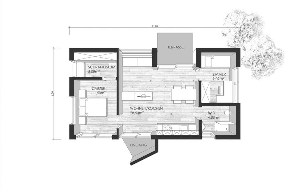 Grundriss Erdgeschoss Musterhaus ALMA Rubner Haus 