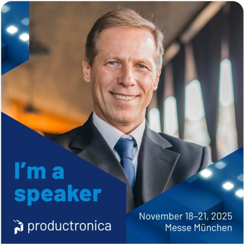 Example image for a productronica invitation template with a man, the trade fair dates and the text “I'm a speaker”.