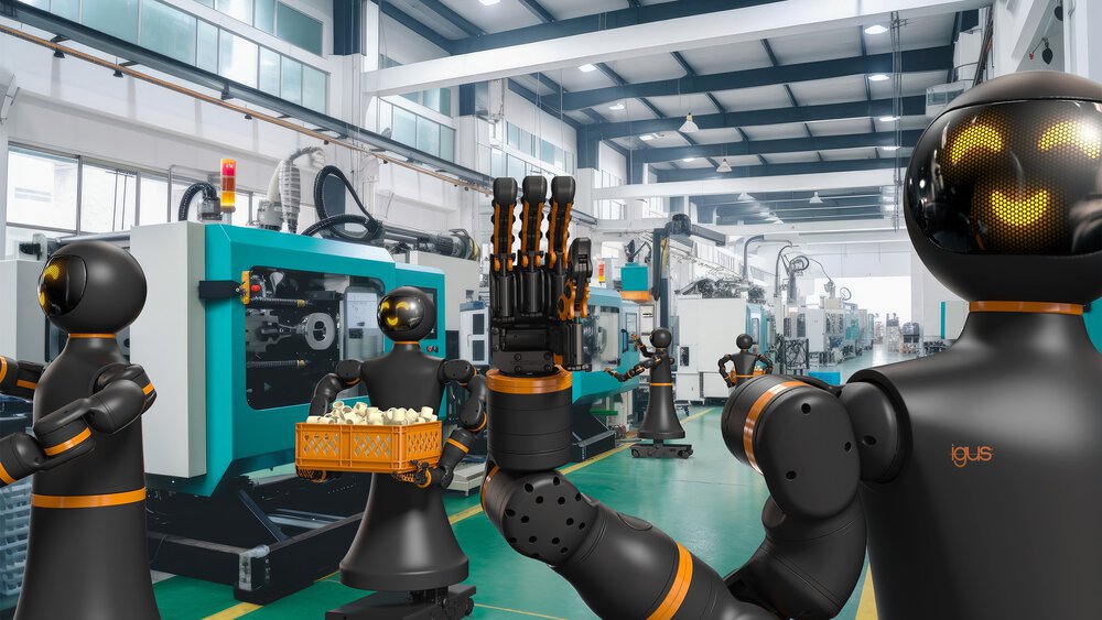 Mehrere schwarzes Roboter mit lächelnden Gesichtern arbeiten in einer hellen, modernen Fabrik. Sie tragen Gegenstände und bedienen Maschinen.