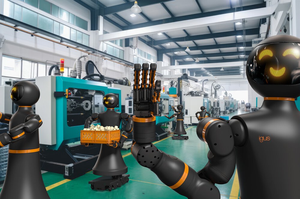 Several black robots with smiling faces work in a bright, modern factory. They carry objects and operate machines.