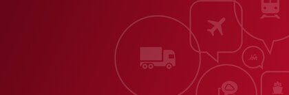 Red background with several speech bubble graphics, including a delivery van, an aeroplane, a train, a ship, a forklift truck and a laptop.