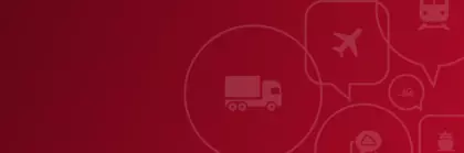 Roter Hintergrund mit mehreren Sprechblasengrafiken, darin ein Lieferwagen, ein Flugzeug, ein Zug, ein Schiff, ein Gabelstapler und ein Laptop.