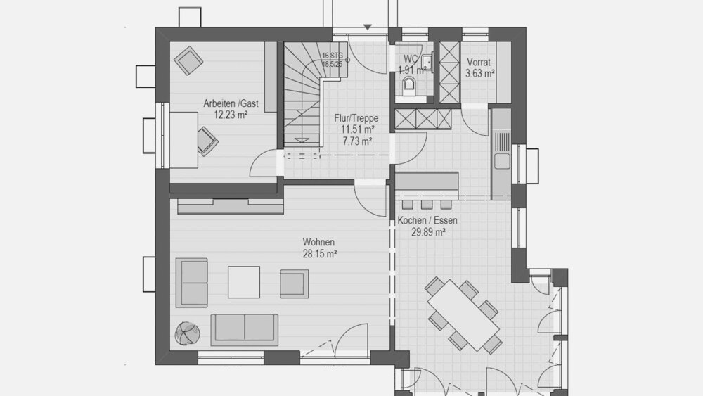 Grundriss Erdgeschoss Musterhaus Haas Fertigbau GmbH MH Poing G 154