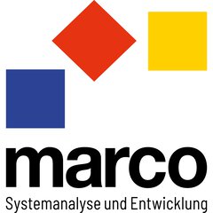 Das Logo von marco Systemanalyse und Entwicklung mit drei Vierecken in blau, orange und gelb, die an umfallenden Bauklötze erinnern.