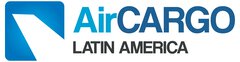 The Air Cargo LATIN AMERICA logo in light blue, dark blue and black lettering. Next to it is a blue square with a distorted white rectangle inside.