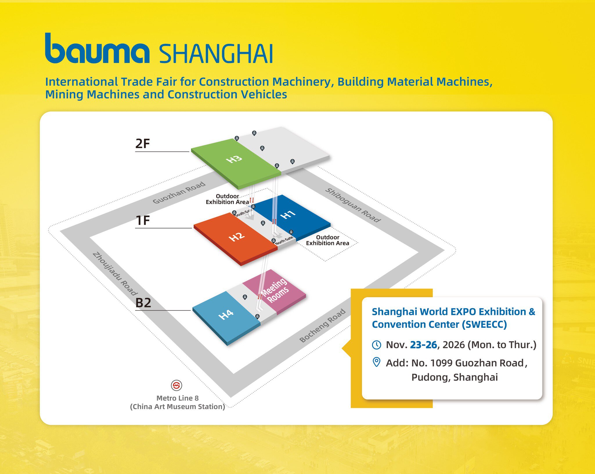 Floor plan for bauma Shanghai 2026 showing Halls H1–H4 and event details at the SWEECC, 23–26 November 2026.