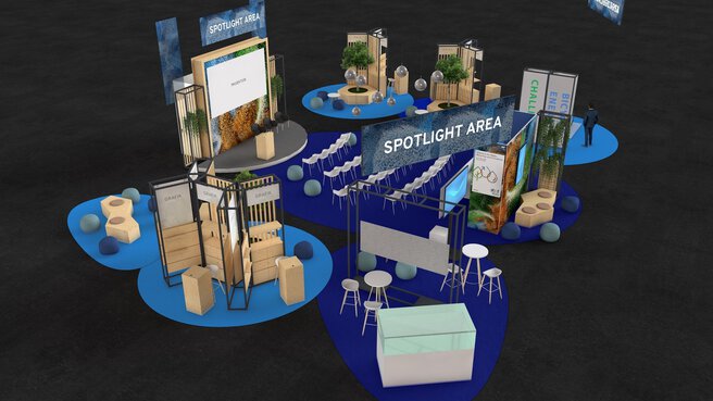 3D-Visualisierung der IFAT Spotlight Area Wasserstoff: Messefläche mit Bühne, Besucherbestuhlung, interaktiven Exponaten und nachhaltigen Gestaltungselementen
