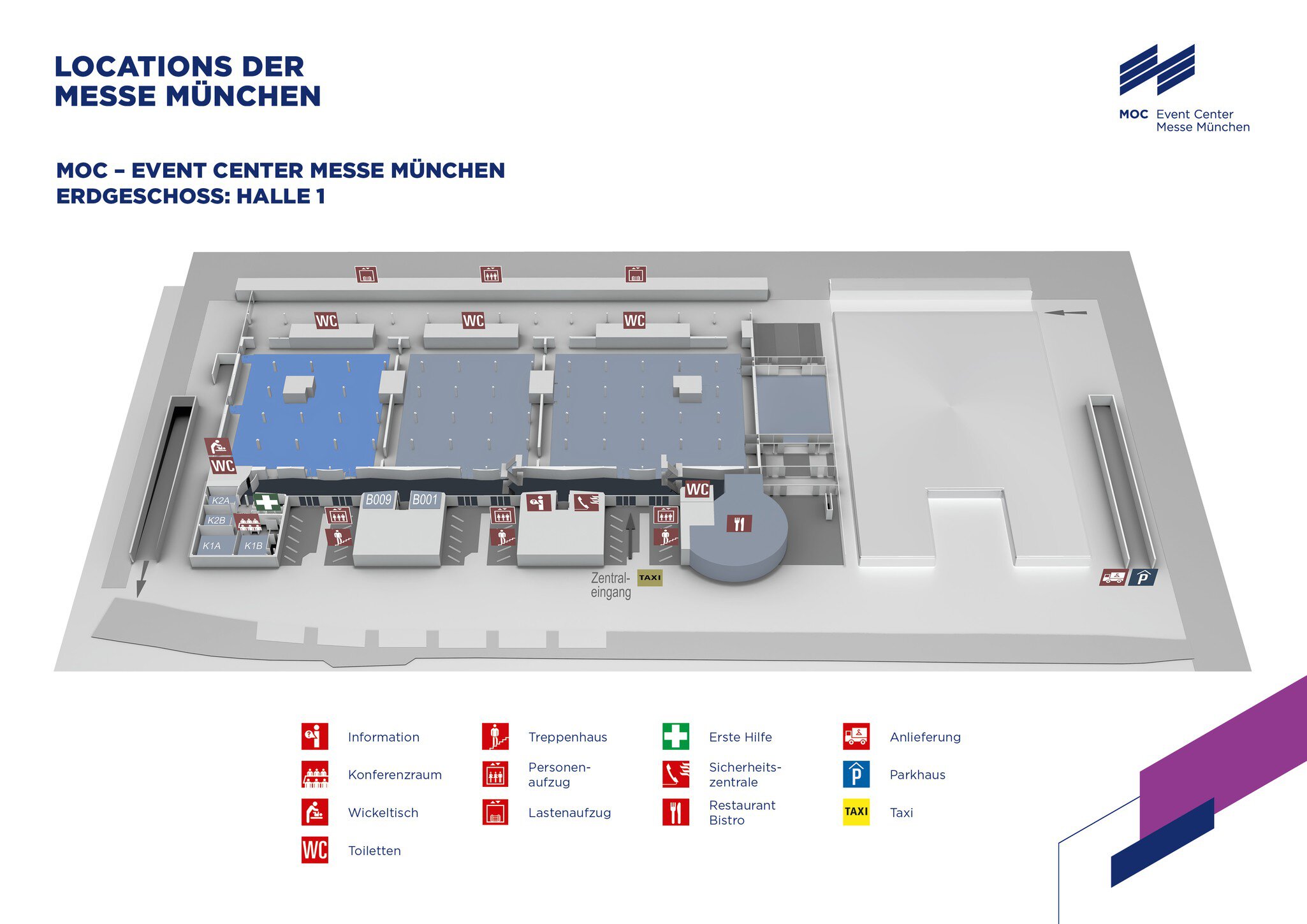3D-Grundriss der Halle 1 der Messe München mit beschrifteten Räumen, Eingängen und Symbolen für Toiletten, Rolltreppen, Informationen, Parkplätze, Taxis und weitere Einrichtungen