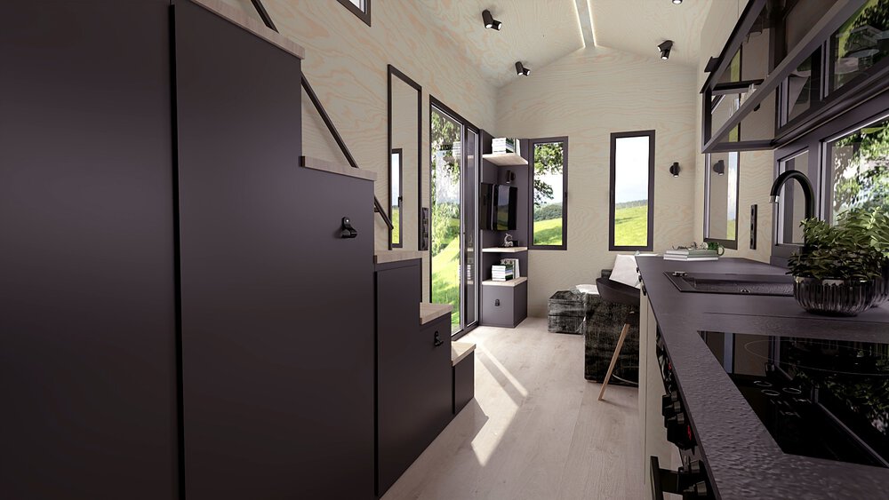 Moderne Küche mit dunklen Schränken, hellen Arbeitsplatten, Geräten aus Edelstahl und Grünpflanzen am Fenster.