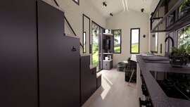 Moderne Küche mit dunklen Schränken, hellen Arbeitsplatten, Geräten aus Edelstahl und Grünpflanzen am Fenster.