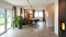 Moderner offener Wohnbereich mit großen Fenstern, Esstisch und Grünpflanzen. Kamin an der rechten Wand.