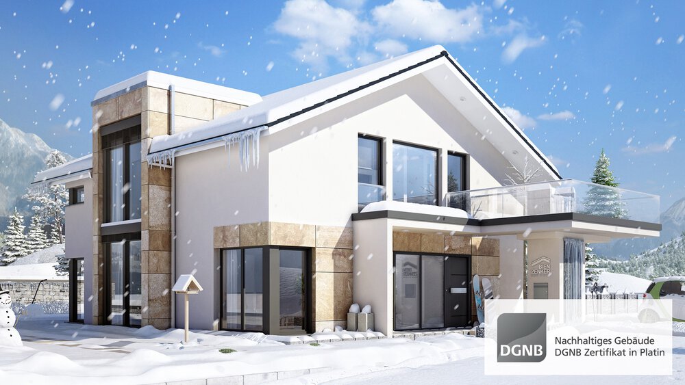 Modernes zweistöckiges Haus in verschneiter Landschaft mit DGNB-Zertifizierungslogo unten rechts.