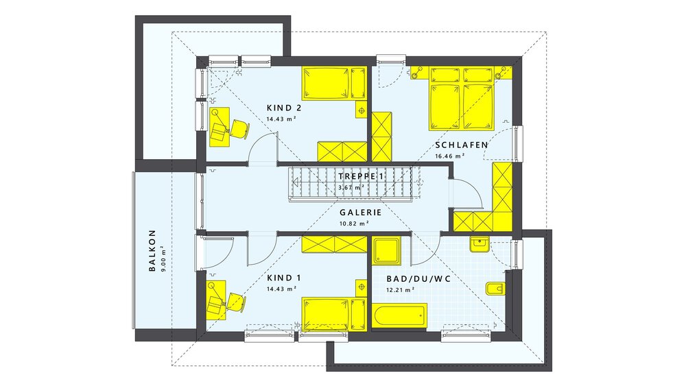 Grundriss mit drei Schlafzimmern, einem Badezimmer, einer Galerie und einem Balkon. Die Zimmer sind in deutscher Sprache beschriftet.