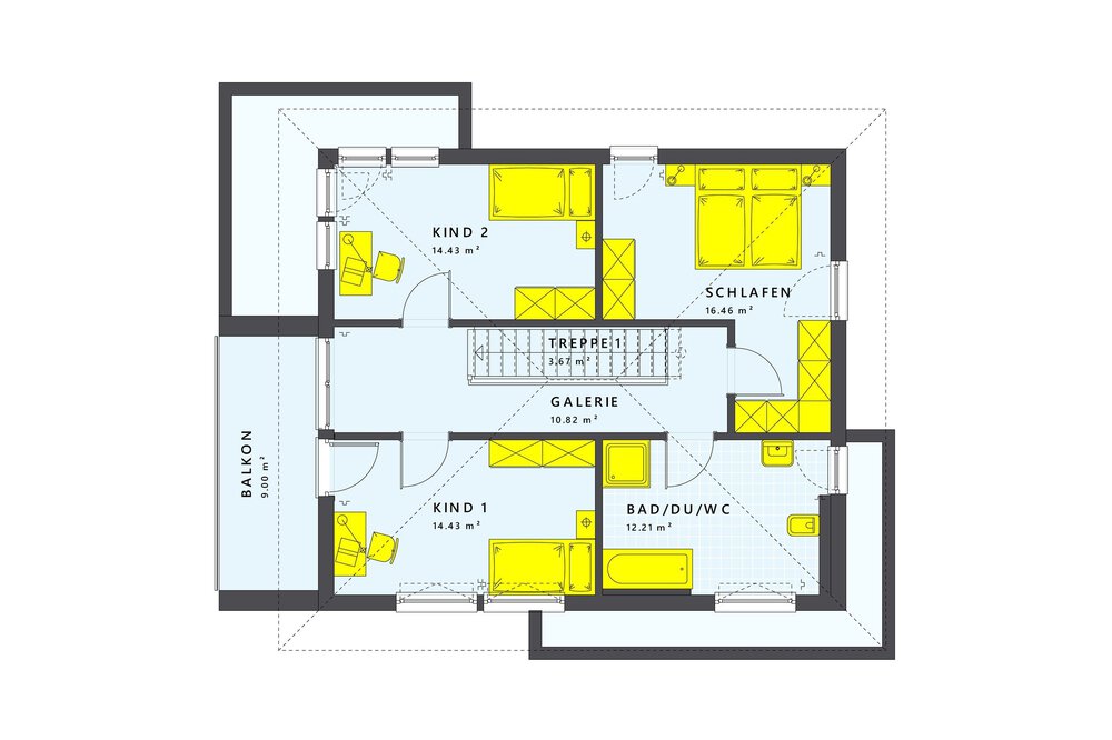 Grundriss mit drei Schlafzimmern, einem Badezimmer, einer Galerie und einem Balkon. Die Zimmer sind in deutscher Sprache beschriftet.