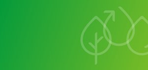 Green background gradient with 3 pale icons in the shape of drops. A leaf, a circle arrow and a water drop.