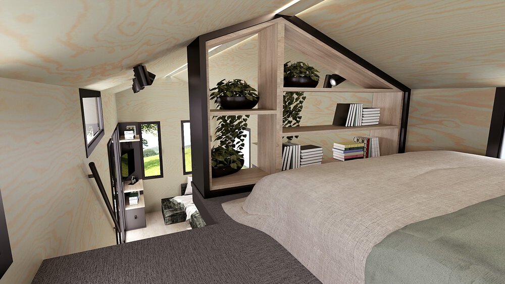 Loft-Schlafzimmer mit Bücherregal-Trennwand mit Blick auf einen Wohnbereich mit Pflanzen und Büchern.