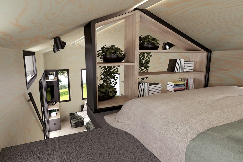 Loft-Schlafzimmer mit Bücherregal-Trennwand mit Blick auf einen Wohnbereich mit Pflanzen und Büchern.