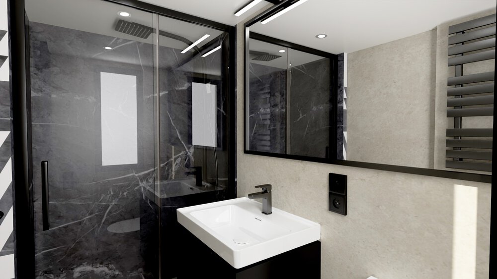 Modernes Badezimmer mit Marmordusche, großem Spiegel und weißem Waschbecken. Minimalistisches Design in Schwarz-Weiß-Tönen.