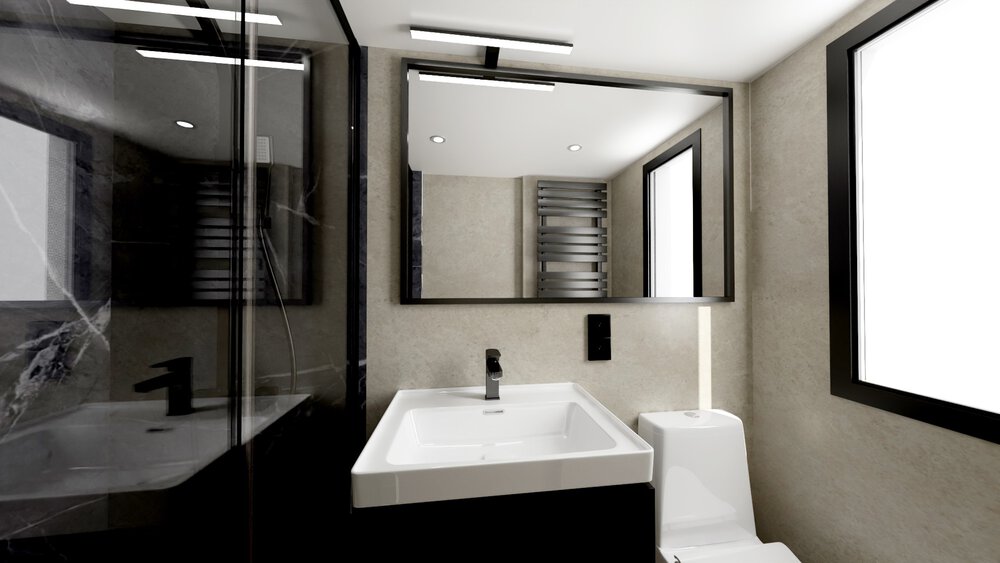 Modernes Badezimmer mit schwarz-weißem Dekor, einem quadratischen Waschbecken, einem großen Spiegel und einem Fenster.