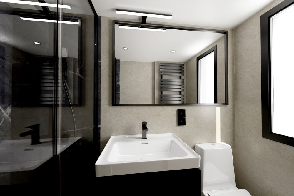 Modernes Badezimmer mit schwarz-weißem Dekor, einem quadratischen Waschbecken, einem großen Spiegel und einem Fenster.