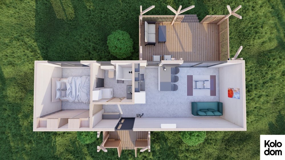 Grundriss von einem modernen kleinen Haus mit Schlafzimmer, Badezimmer, Küche, Wohnbereich und Außenterrasse mit einer Rasenfläche.