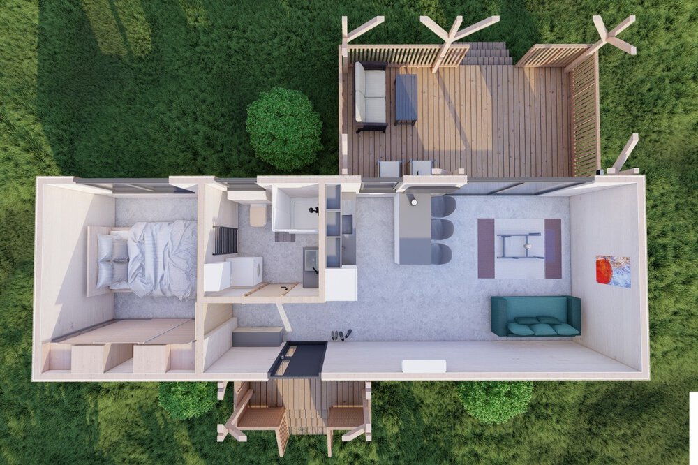 Grundriss von einem modernen kleinen Haus mit Schlafzimmer, Badezimmer, Küche, Wohnbereich und Außenterrasse mit einer Rasenfläche.